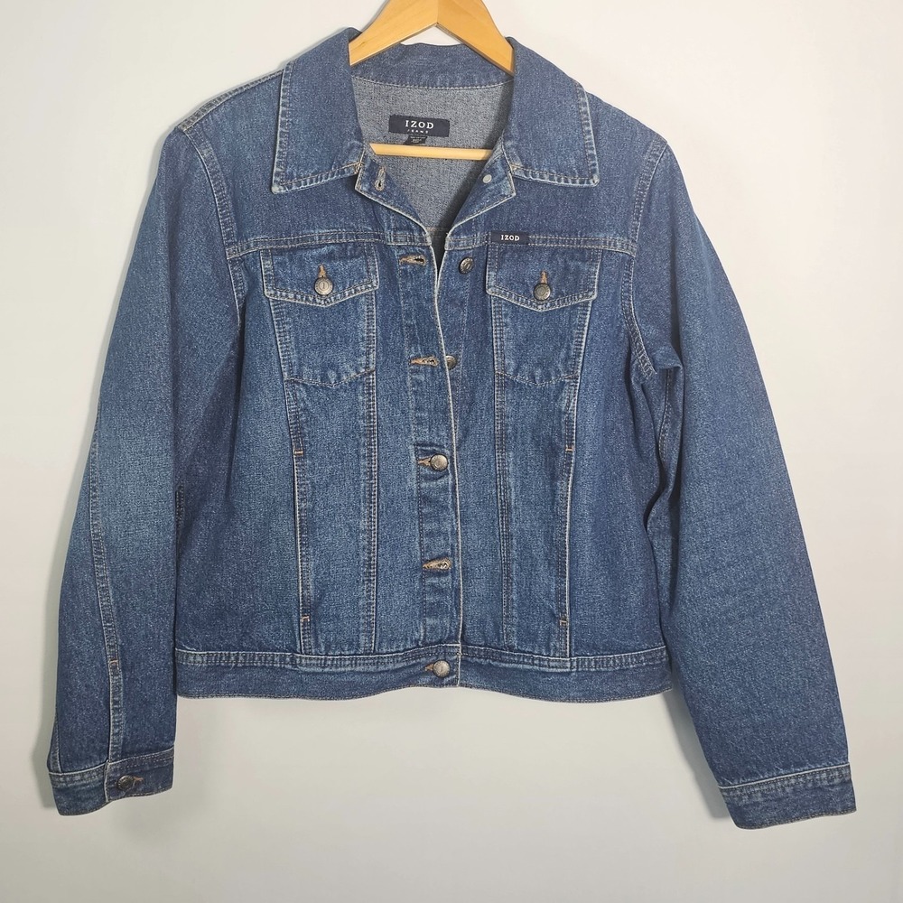 Vintage IZOD Blue Denim Jean Trucker Jacket Women's Size L Classic Button Front - Picture 2 of 11